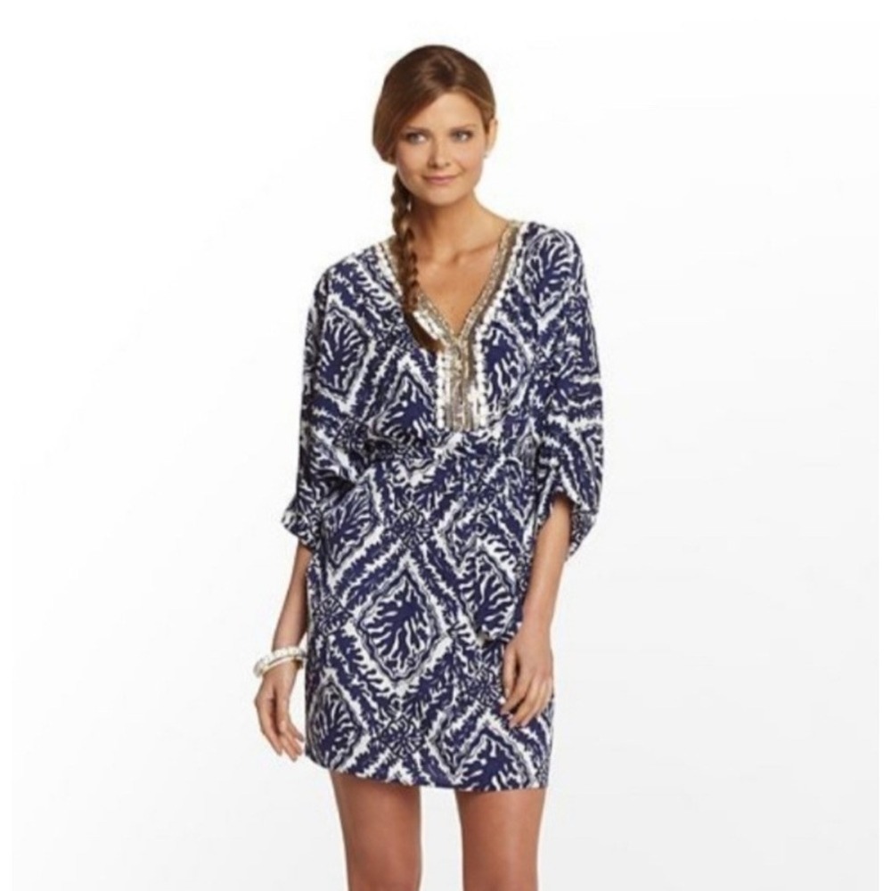 Lilly Pulitzer Navy and White Long Sleeve Tunic Dress with Lovely Beading